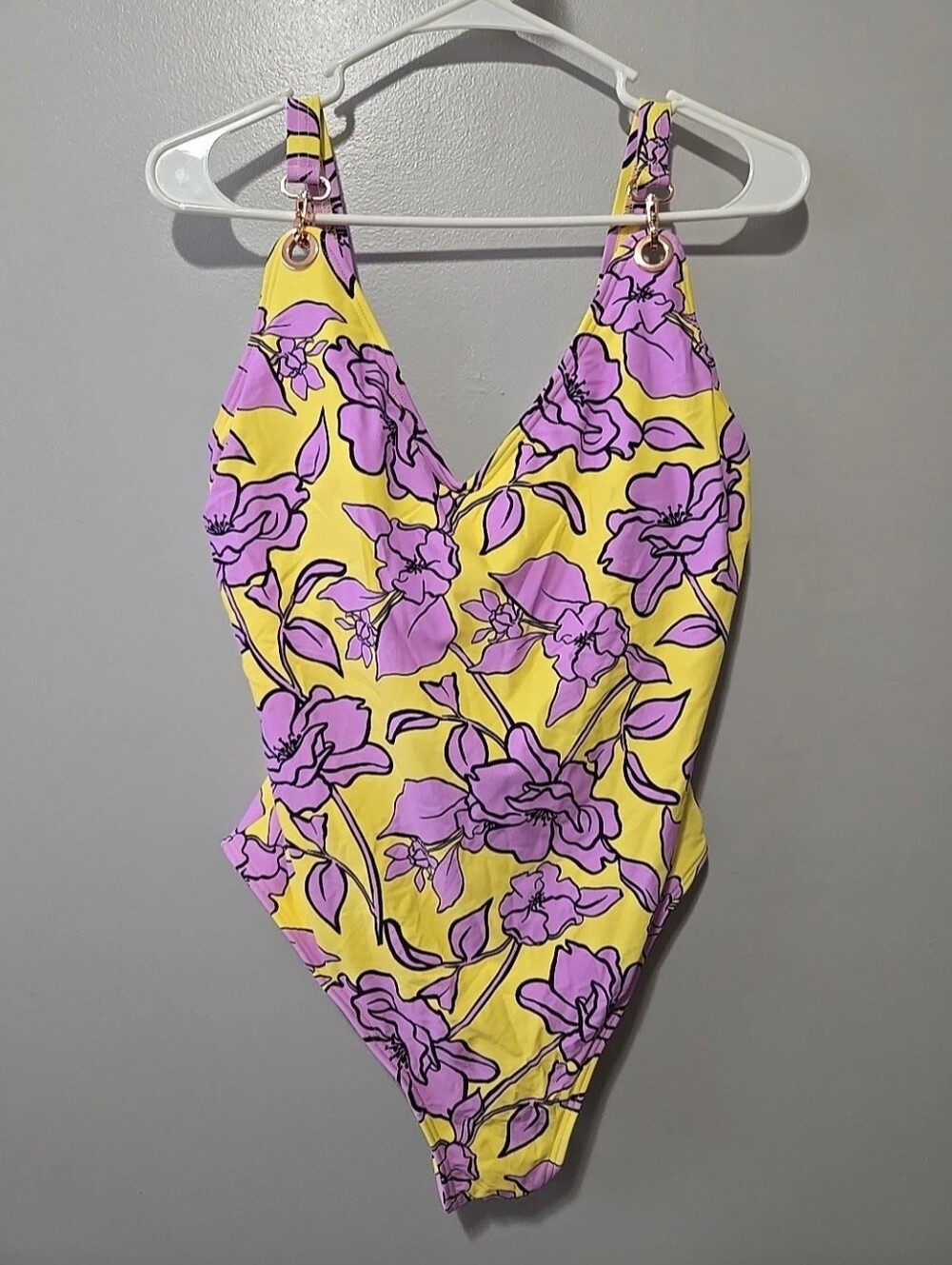 Floral V-Neck One-Piece Swimsuit in Yellow and Purple